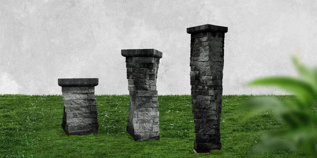 Ducon spiral pillar columns in graduated heights set on a lawn