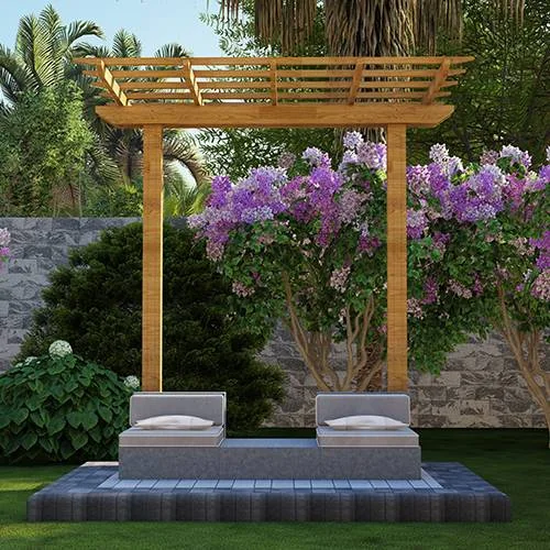 Wooden pergola with warm natural timber slats