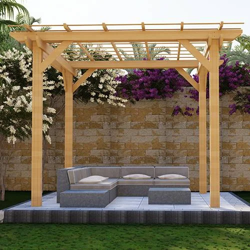 Wooden pergola providing natural shade over an outdoor seating area