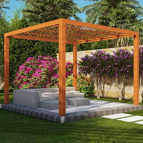 Open-beam wooden pergola canopy over a patio