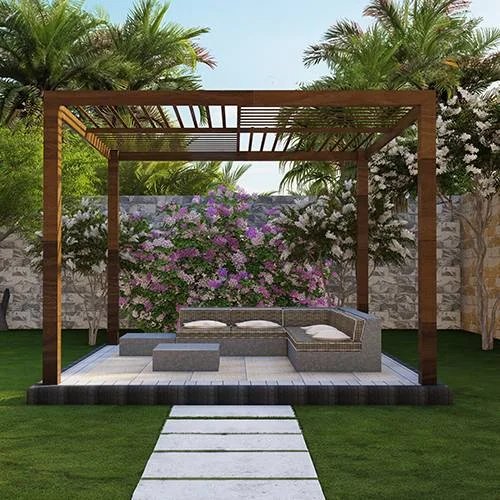 Wooden pergola creating a comfortable shaded outdoor lounge