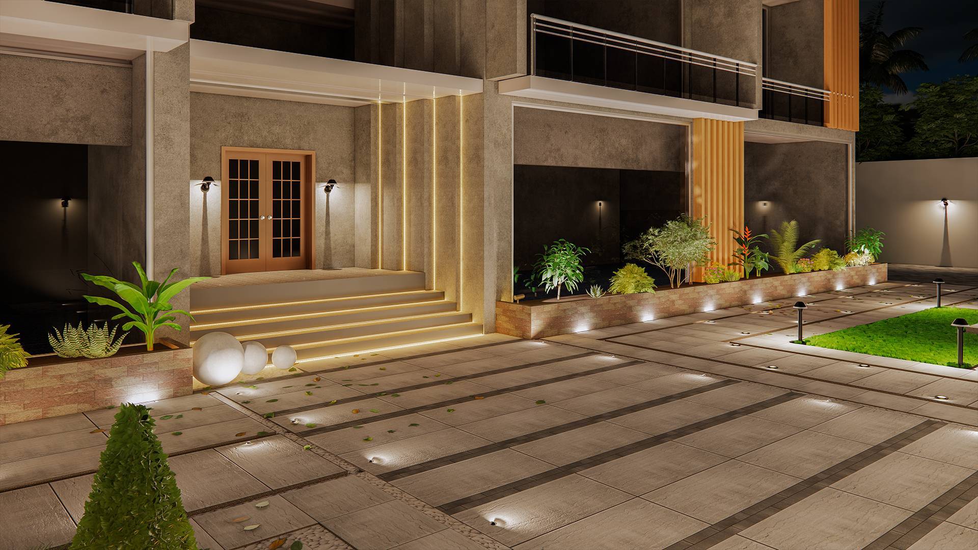Illuminated Ducon outdoor living space at night