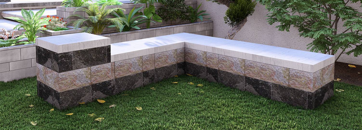 Built-in seating area within a sunken terrain