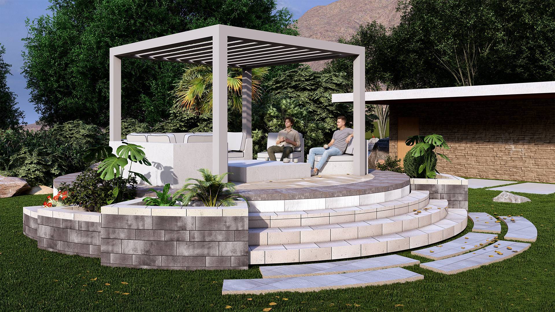 Multi-level Ducon outdoor terrain with sunken lounge and raised deck